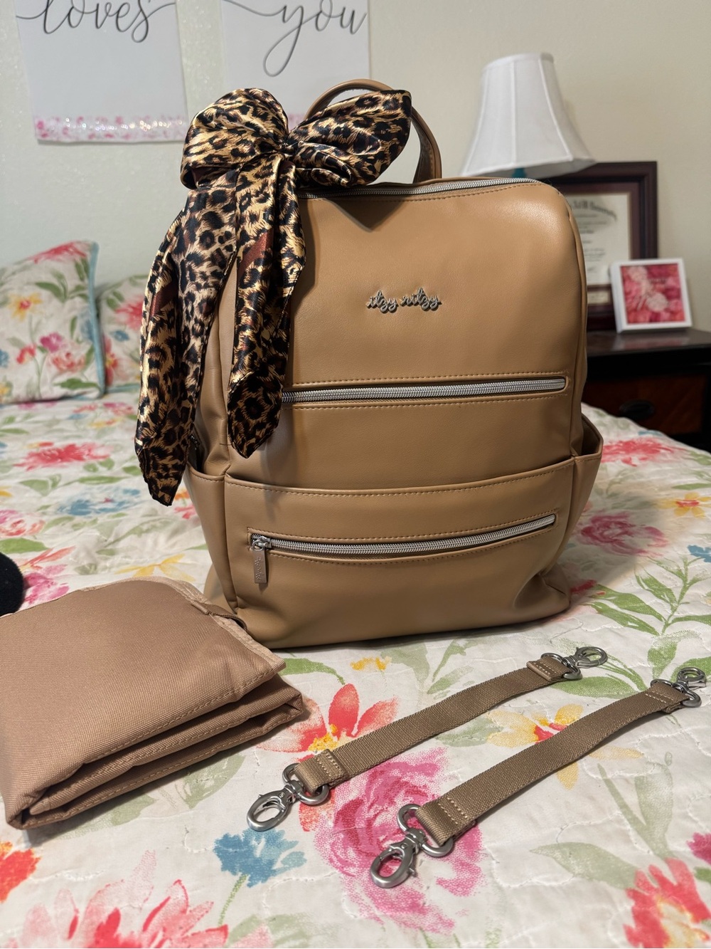 Itzy Ritzy Eras in Chai with Leopard Bow styled scarf.